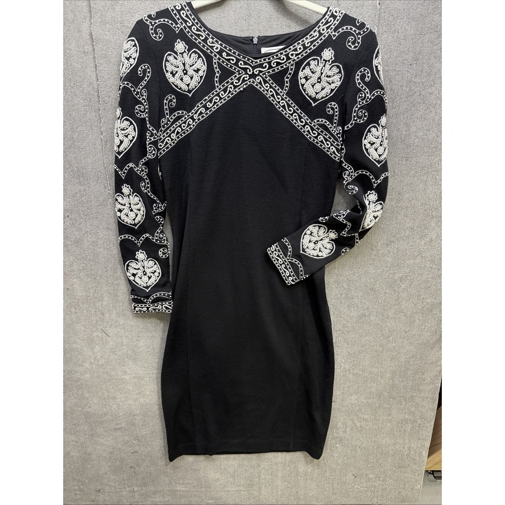 Vtg 80S Adrienne Vittadini Black Sheath White Pearl Beaded Dress Elegant Women 4 - Picture 2 of 12